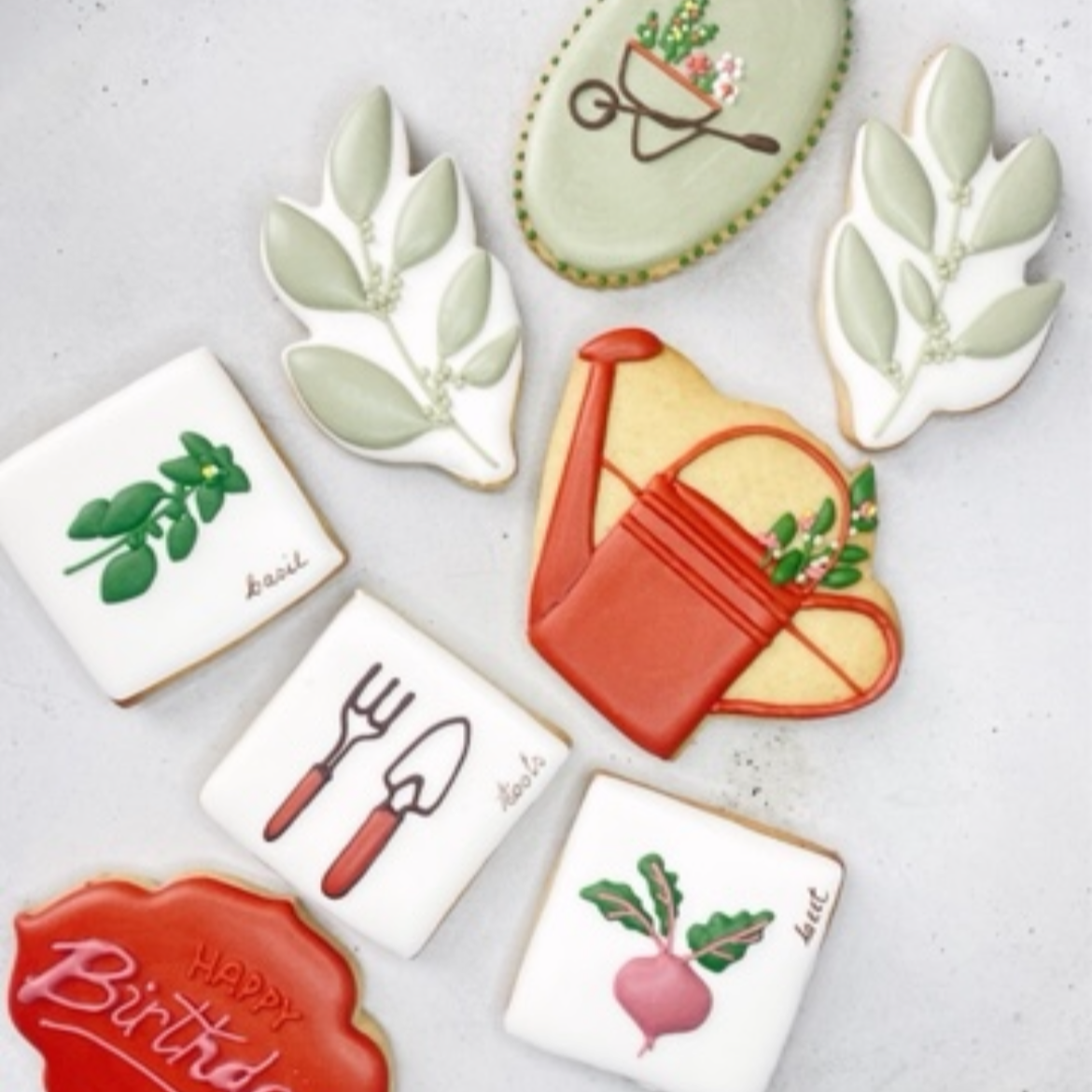 Garden Themed Biscuits hand decorated, Summer themed biscuits, Biscuit gift box, custom iced biscuits, birthday cookies, heart-shaped biscuits, Brighton bakery