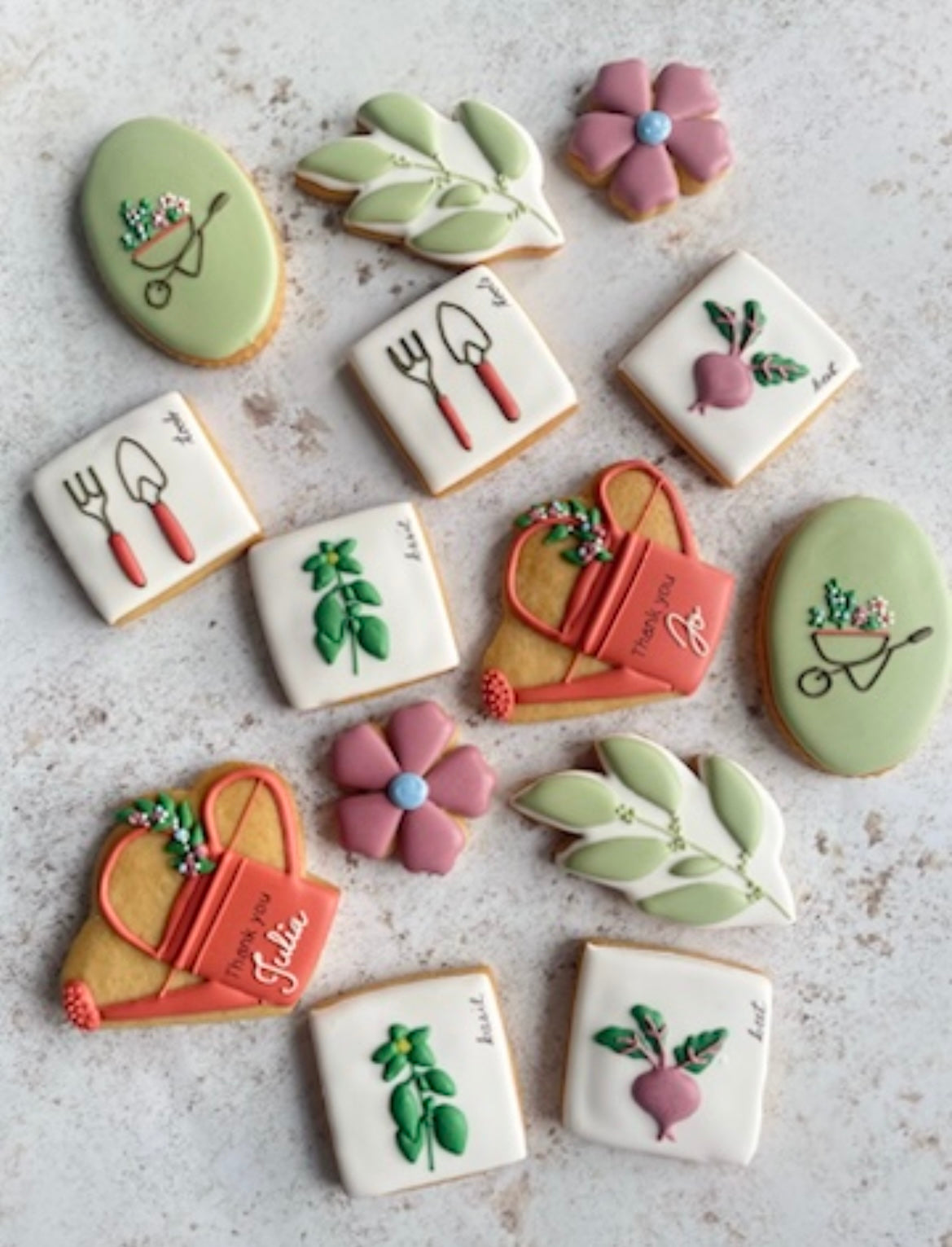 Garden Themed Biscuits hand decorated, Summer themed biscuits, Biscuit gift box, custom iced biscuits, birthday cookies, heart-shaped biscuits, Brighton bakery
